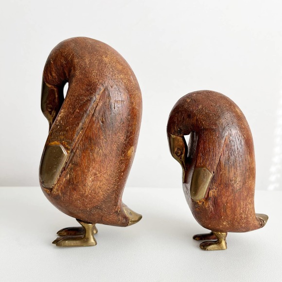 Vintage Hand Carved Wood and Brass Penguin Figurines - Picture 2 of 6